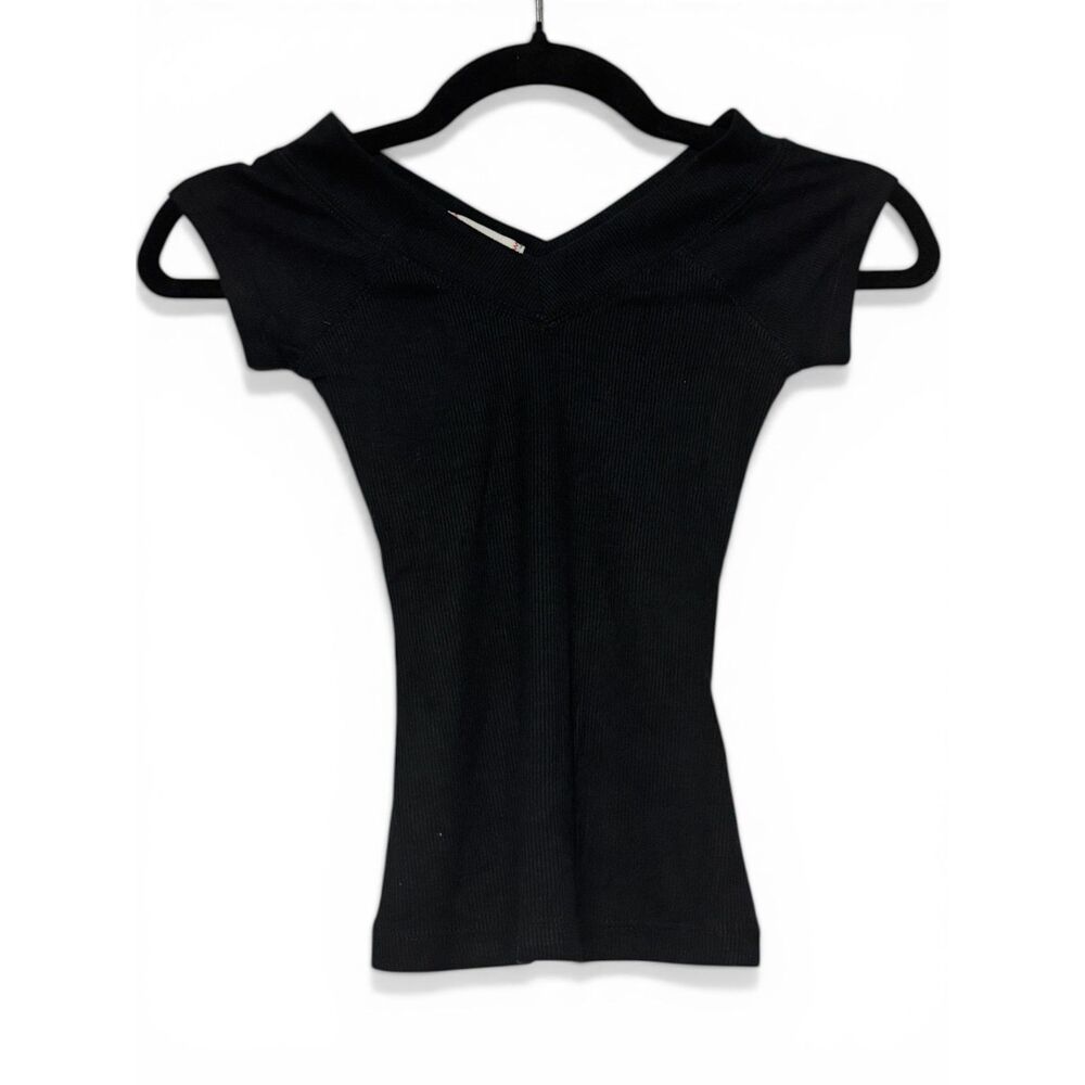 BDG Urban Outfitters Black Ribbed Off Shoulder Wide V-Neck Top XS Tall Petite